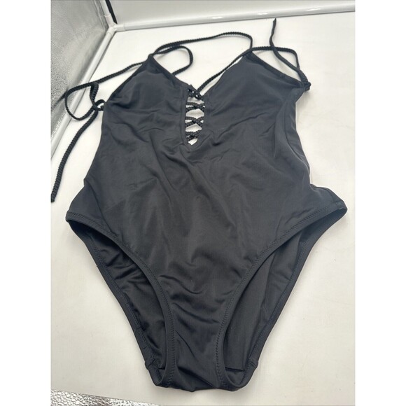 Victoria Secret Black One Piece Deep V Neck Braided Tie Bathing Suit Sz Large - Picture 1 of 5